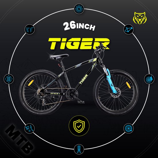 Zwarte TIGER MTB-fiets met blauwe voorvork, 26-inch wielen, derailleur en schijfremmen.