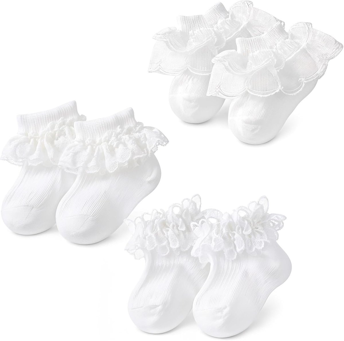 3 paar witte antislip babysokken met ruches voor peuters en pasgeborenen, comfortabele doopsokken voor elke gelegenheid