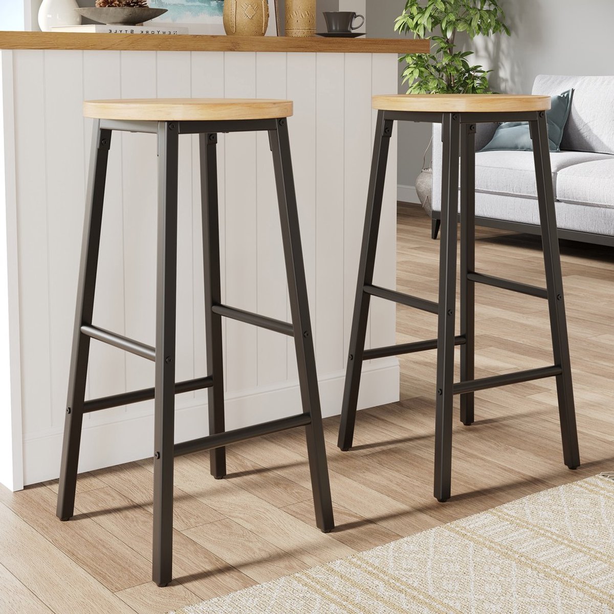 KOMHTOM Barkruk Set van 2 - Houtlook Zitting - Verstelbare Hoogte 63cm - Zwart Metalen Onderstel - Draagvermogen 150kg - Voetsteunen - Tabouret
