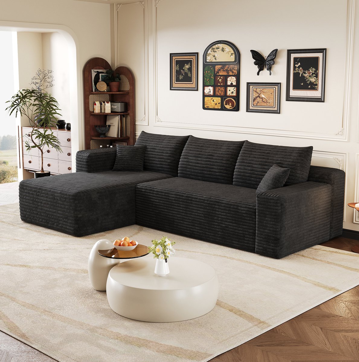 FloraGrace Hoekbank 241 Cm - 3-Zits L-Vormige Bank Met Omkeerbare Chaise Longue, Zonder Montage - Woonkamer - Corduroy Stof - Zwart