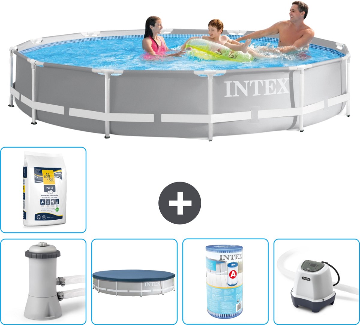 Intex Rond Prism Frame Zwembad - 366 x 76 cm - Grijs - Inclusief Pomp - Afdekzeil - Filter - Zoutwatersysteem - Zwembadzout - 6-delig