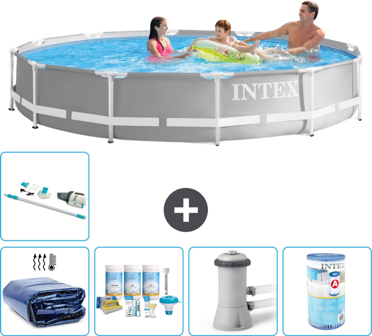 Intex Rond Prism Frame Zwembad - 366 x 76 cm - Grijs - Inclusief Solarzeil - Onderhoudspakket - Zwembadfilterpomp - Filter - Stofzuiger - 6-delig