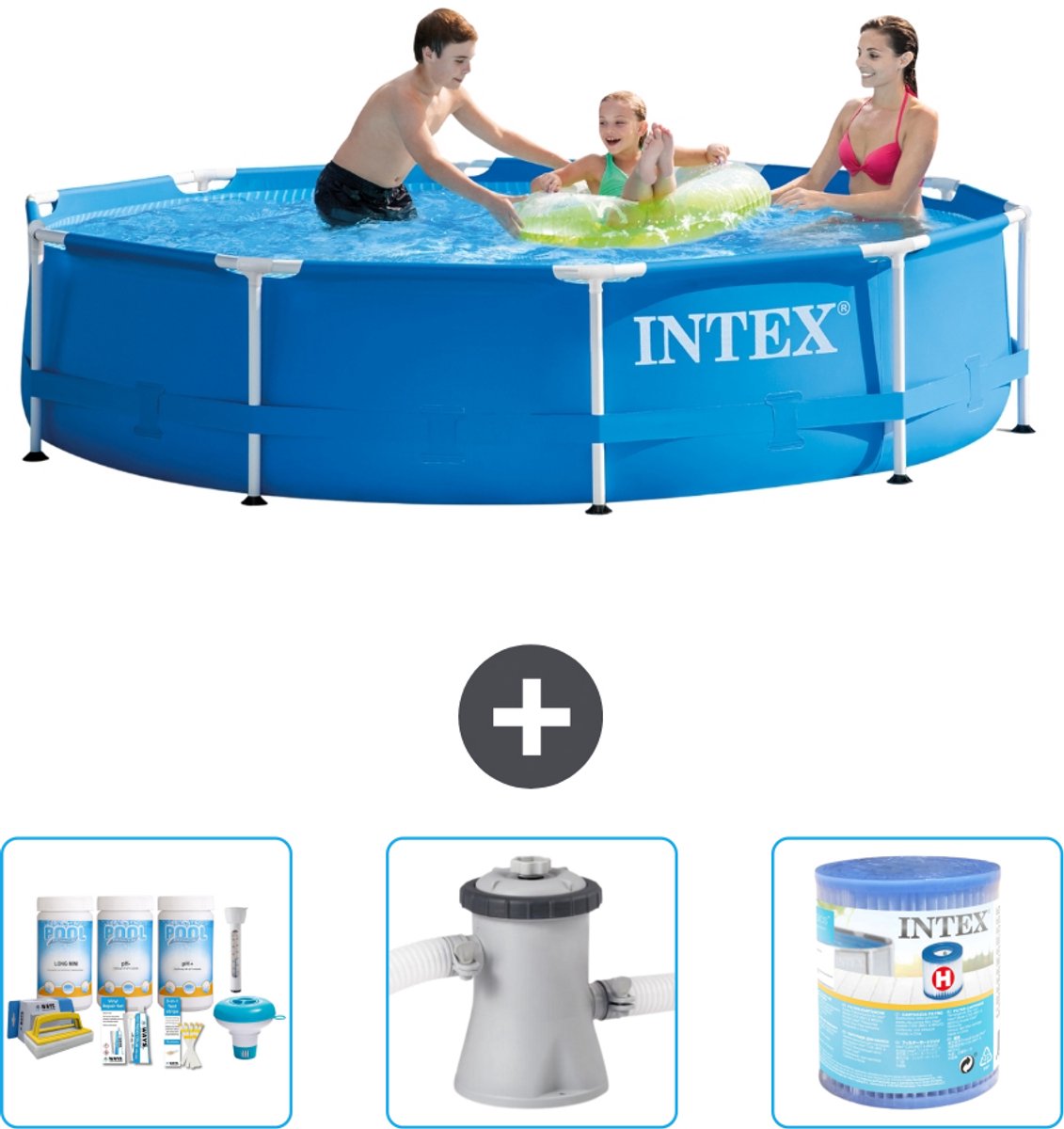 Intex Rond Frame Zwembad – 305 x 76 cm – Blauw – Inclusief Onderhoudspakket – Zwembadfilterpomp – Filter – 4-delig