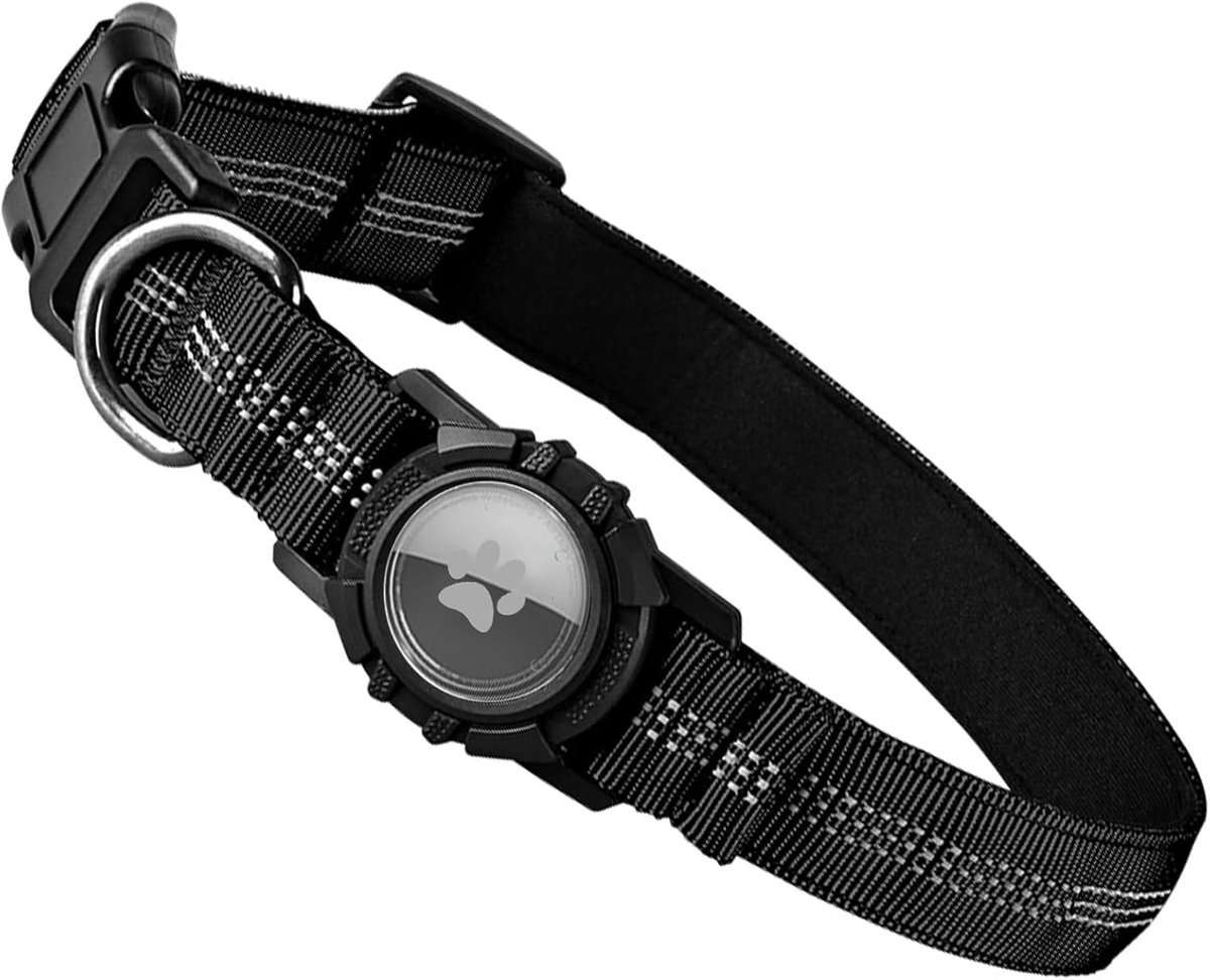 Thijox - Tactische Halsband voor AirTag - Reflecterende Nylon, Waterdichte Hoes, Verstelbaar voor Kleine, Middelgrote en Grote Honden - Zwart