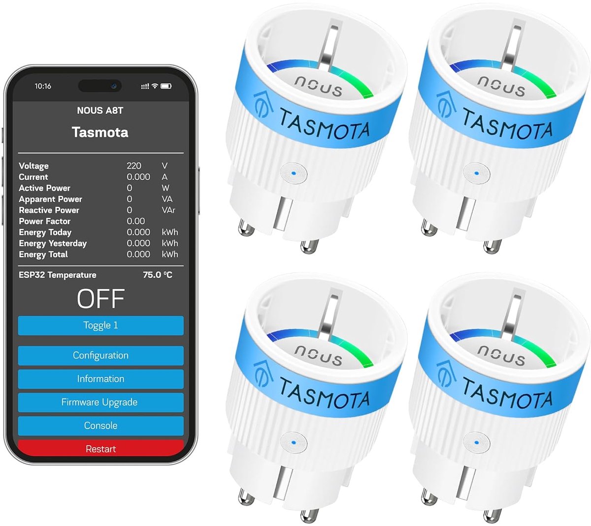 Thijox - Tasmota Stopcontact NOUS A8T, Mini WLAN ESP32 Smart Plug, 10 A Wifi Stopcontact met Stroomverbruik, Stroommeter, Timer, Compatibel met Matter