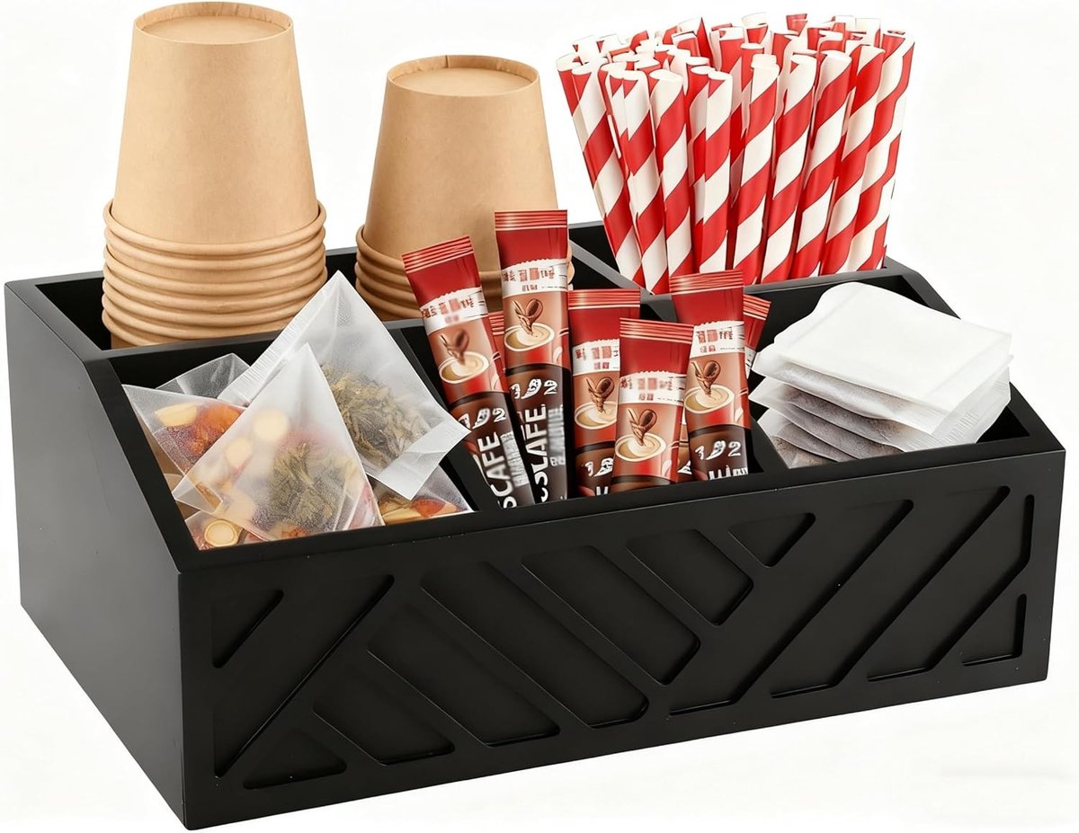 Houten Koffiestation Organiser met 5 Compartimenten, Koffiecapsulehouder en Mokkenopberger voor Keuken, Koffiebar en Kantoor, Duurzame Opslagoplossing