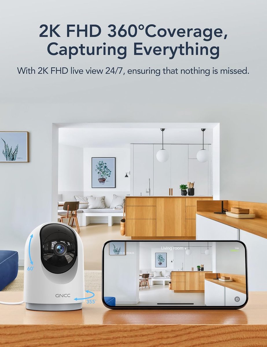Thijox - 2K 3MP Binnen Beveiligingscamera WiFi, 360° Bewakingscamera met IR-Nachtzicht, Twee-weg Audio, Bewegingsdetectie, APP-meldingen, Compatibel m