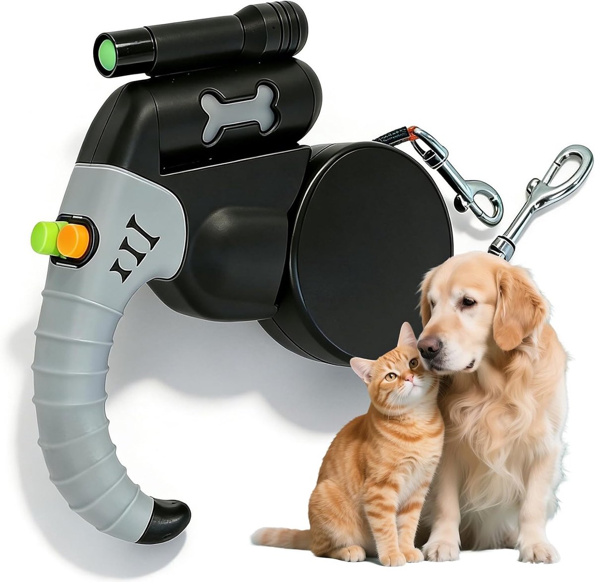 Thijox - Dubbele hondenriem intrekbaar 3 m voor 2 honden met LEDlicht, 360 graden draaibaar, automatische lijn met reflector, voor kleine en middelgro