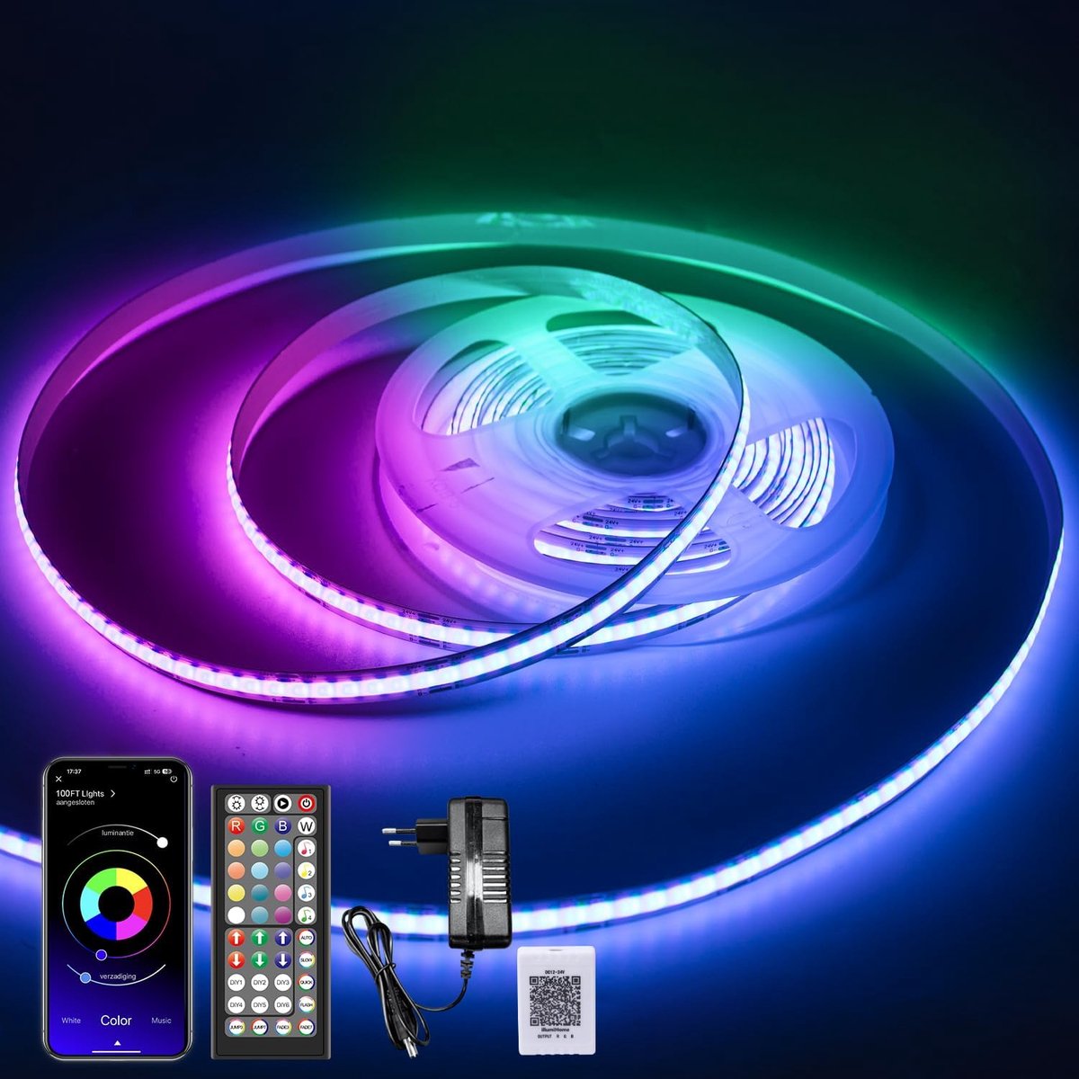Thijox - Macchiatto COB-ledstrip 5m Bluetooth RGB met afstandsbediening, muzieksynchronisatie, timerinstelling, dimbaar, ideaal voor tv-achtergrondver