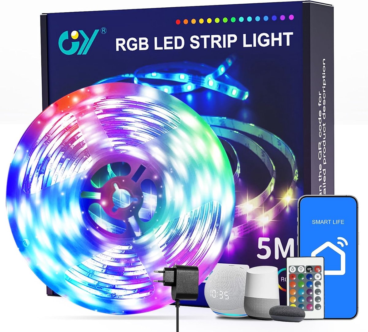 Thijox - 5m RGB LED-strip, 18W op afstand bedienbaar, app-gestuurd, compatibel met Alexa en Google Home, sfeerverlichting voor feesten, slaapkamers, w