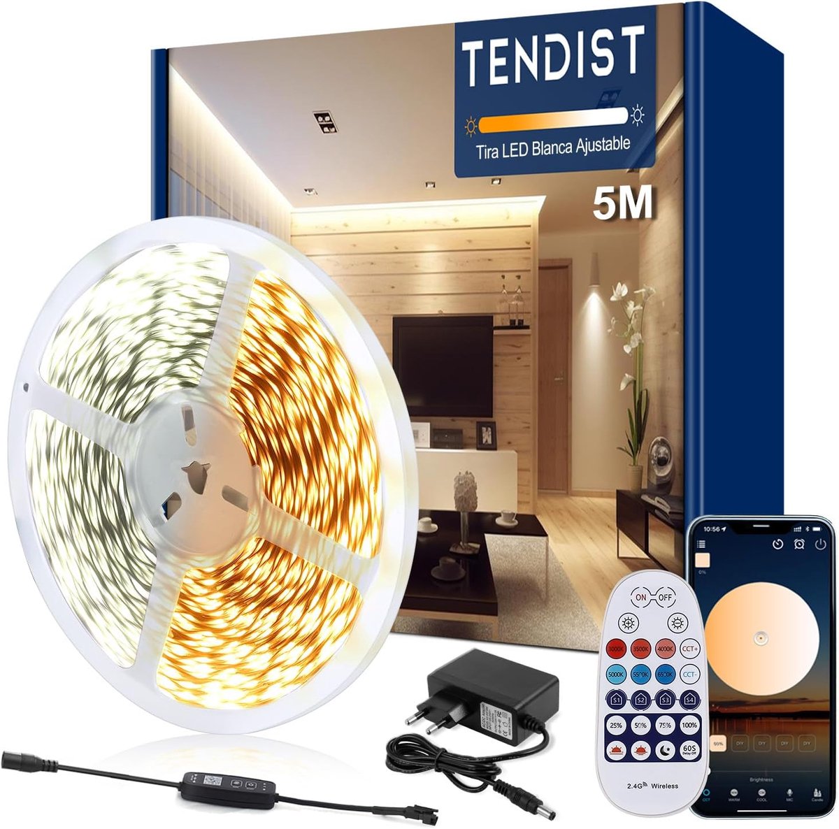 Thijox - Ledstrip 5 m Koudwit 3000-6500 K Warmwit Dimbaar met Afstandsbediening en Intelligente App voor Binnendecoratie