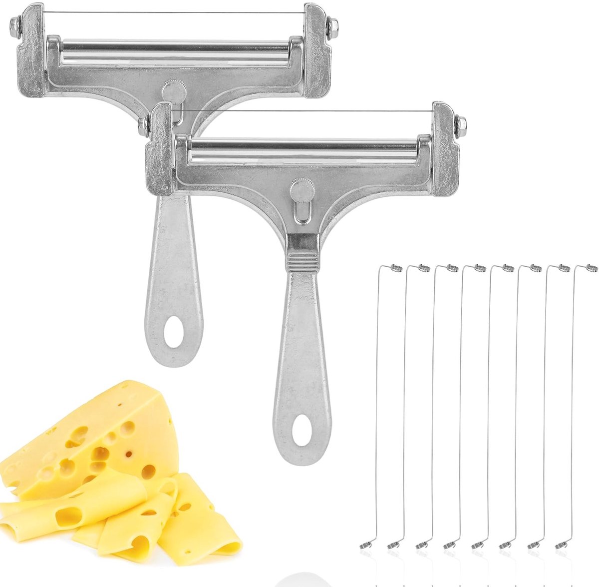 Dailygoods- Kaassnijder Roestvrij Staal - 2 Stuks - Verstelbare Handbediende Boterbloksnijder - Extra Draden - 14,5x12cm - Geschikt voor Cheddar/Mozzarella - Kaasschaaf
