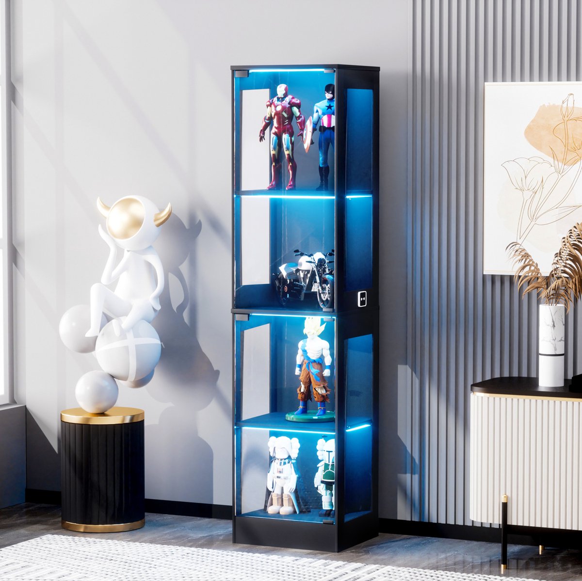 MIVRAY Vitrinekast - Vierlaags Glazen Displaykast Met LED En Bewegingssensor - Voor Woonkamer En Slaapkamer - ABS - 40x35x165 Cm - Acaciahoutkleur
