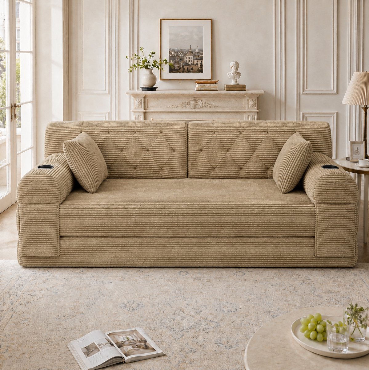 FloraGrace Slaapbank 168 x 80 x 81 cm - 2-Zits Met Slaapfunctie, Hoge Rugleuning, 2 Bekerhouders En 4 Opbergvakken - Voor Woonkamer Of Kleine Ruimte - Cord - Khaki