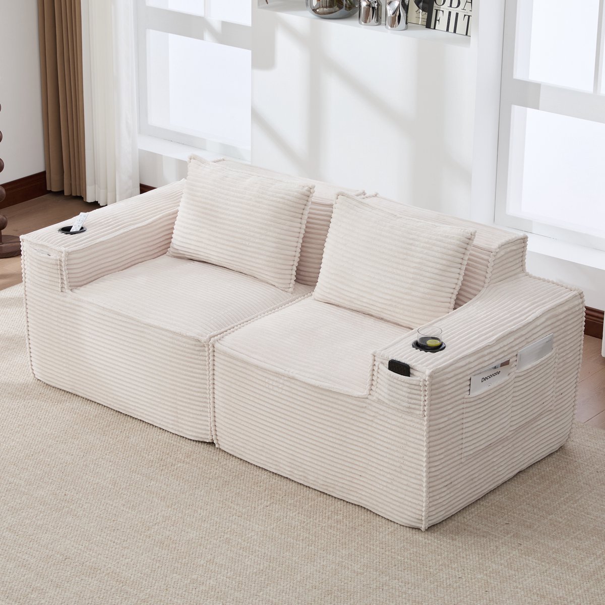 FloraGrace Zitbank 188 Cm – Modulaire 2-Zitsbank Met Bekerhouders En Opbergvakken – Corduroy – Voor Woonkamer En Appartement – Beige
