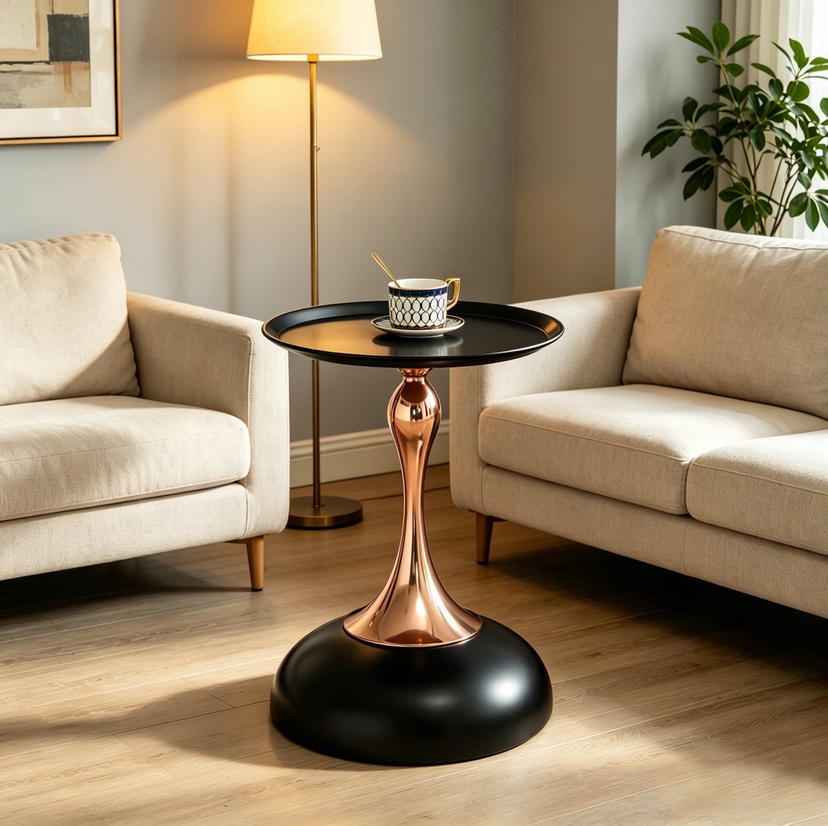 MIVRAY Bijzettafel - Ronde Metalen Tafel Voor Kleine Ruimtes - Modern Voor Slaapkamer En Woonkamer - Koolstofstaal Zwart Goud - 38x54 Cm