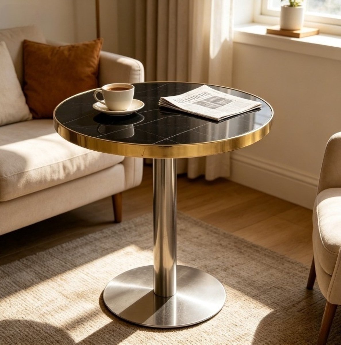 MIVRAY Bijzettafel - Rond Met Marmerlook En Goudkleurige Rand - Voor Woonkamer en Slaapkamer - MDF en Roestvrij Staal - Zwart - 60 x 73,7 cm