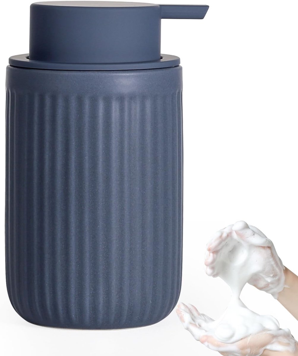 Foam Soap Dispenser in Mat Blauw, 350 ml Keramische Vaatwaszeep Dispenser met Schuim Pomp, Herbruikbare Zeepdispenser voor Badkamer en Keuken