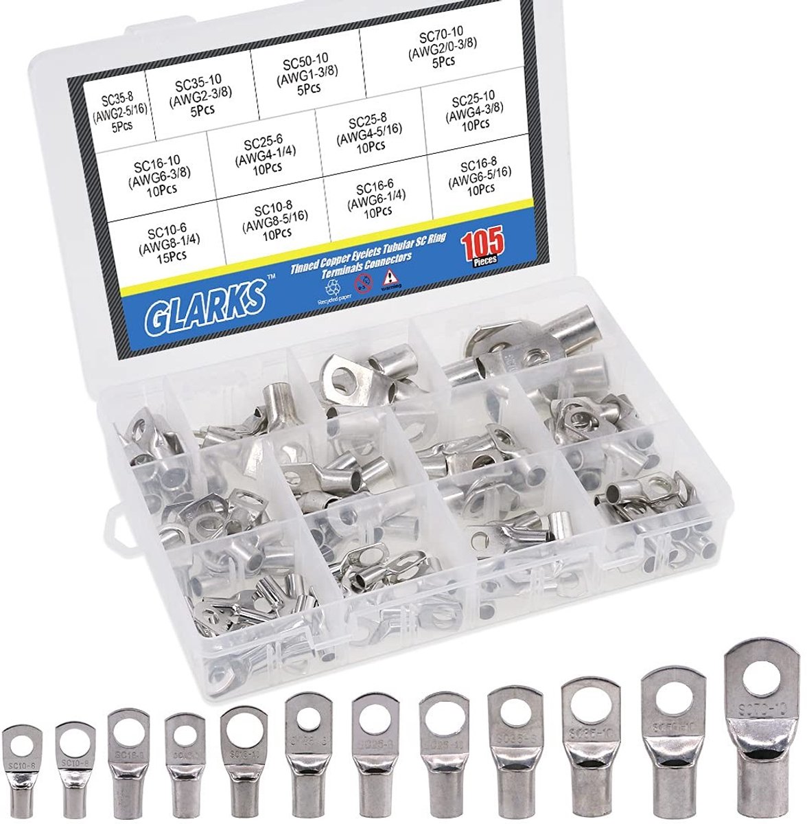 105 Stuks 12 Soorten Zware Lugs Accukabel Tinned Koper Oogjes Tubulaire SC Ring Terminals Verbinders Assortiment Kit voor Elektrische Toepassingen