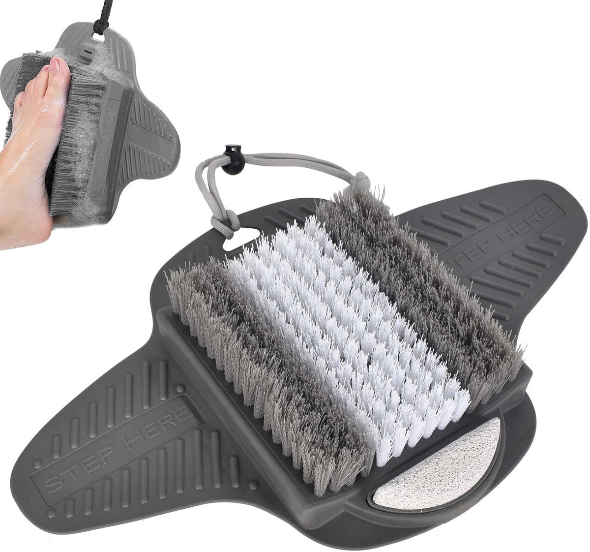 Verzorg je voeten met een antislip voetenscrubber mat, puimsteen en exfoliator voor de douche, ideaal als voetmassager en voetreiniger met zuignappen in grijs
