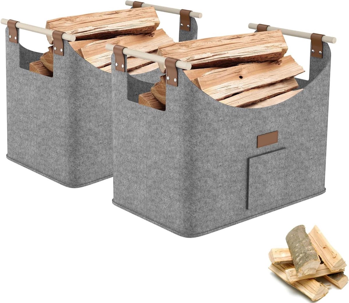 Brandhoutmand Set - Vilten Tas - Haardhout Opslag - Met Houten Handgrepen - 50 x 32 x 40 cm - Lichtgrijs