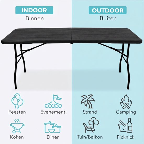 Zwarte inklapbare tafel voor binnen en buiten, met iconen voor feesten, strand en camping.