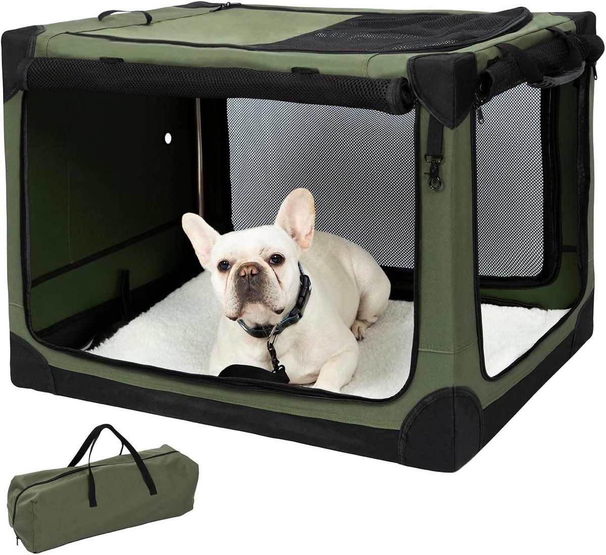 Honden Bench - Reiskennel Opvouwbaar - Veilig Transport - Roestvrij Staal - 76 x 53 x 53 cm - Olijfgroen
