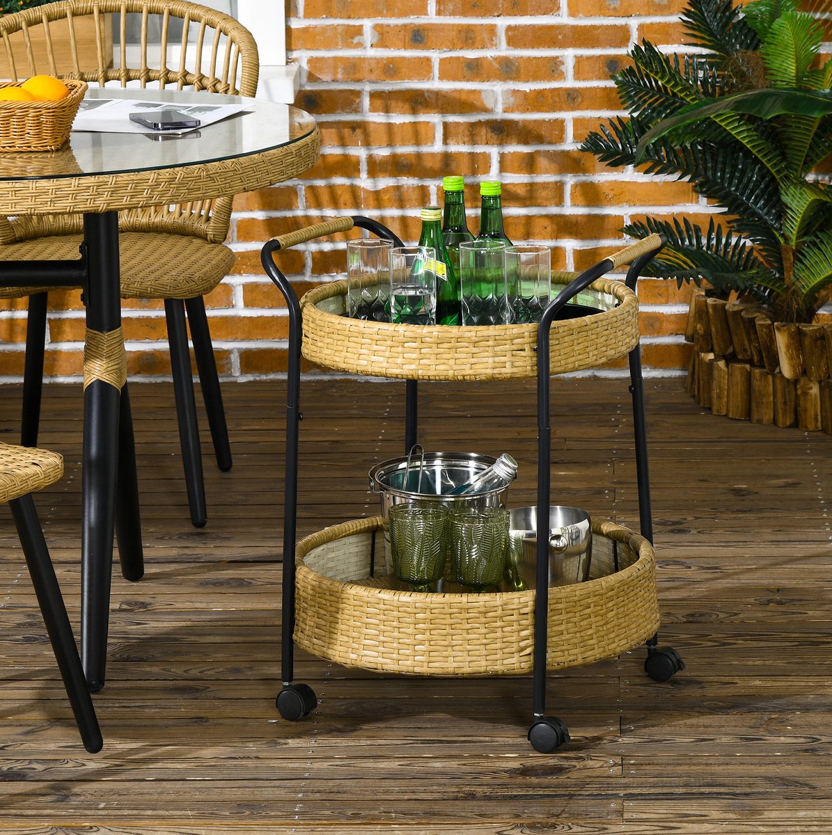 DESMIU Bijzettafel - Serveerwagen Met 2 Niveaus En Wielen - Voor Binnen En Buiten - Metaal En Polyrattan - Rond 50 x 66 Cm - Geel