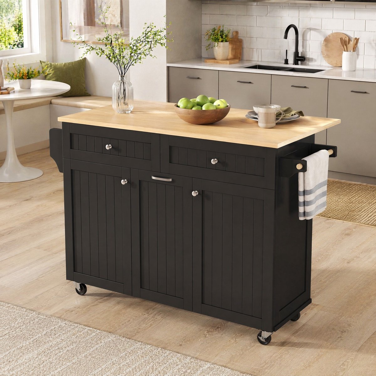 DESMIU Keukeneiland - Uitschuifbaar Werkblad Met Laden En Wielen - Voor Keuken En Eethoek - MDF In Zwart En Natuurlijk - 140x40-70x92 cm