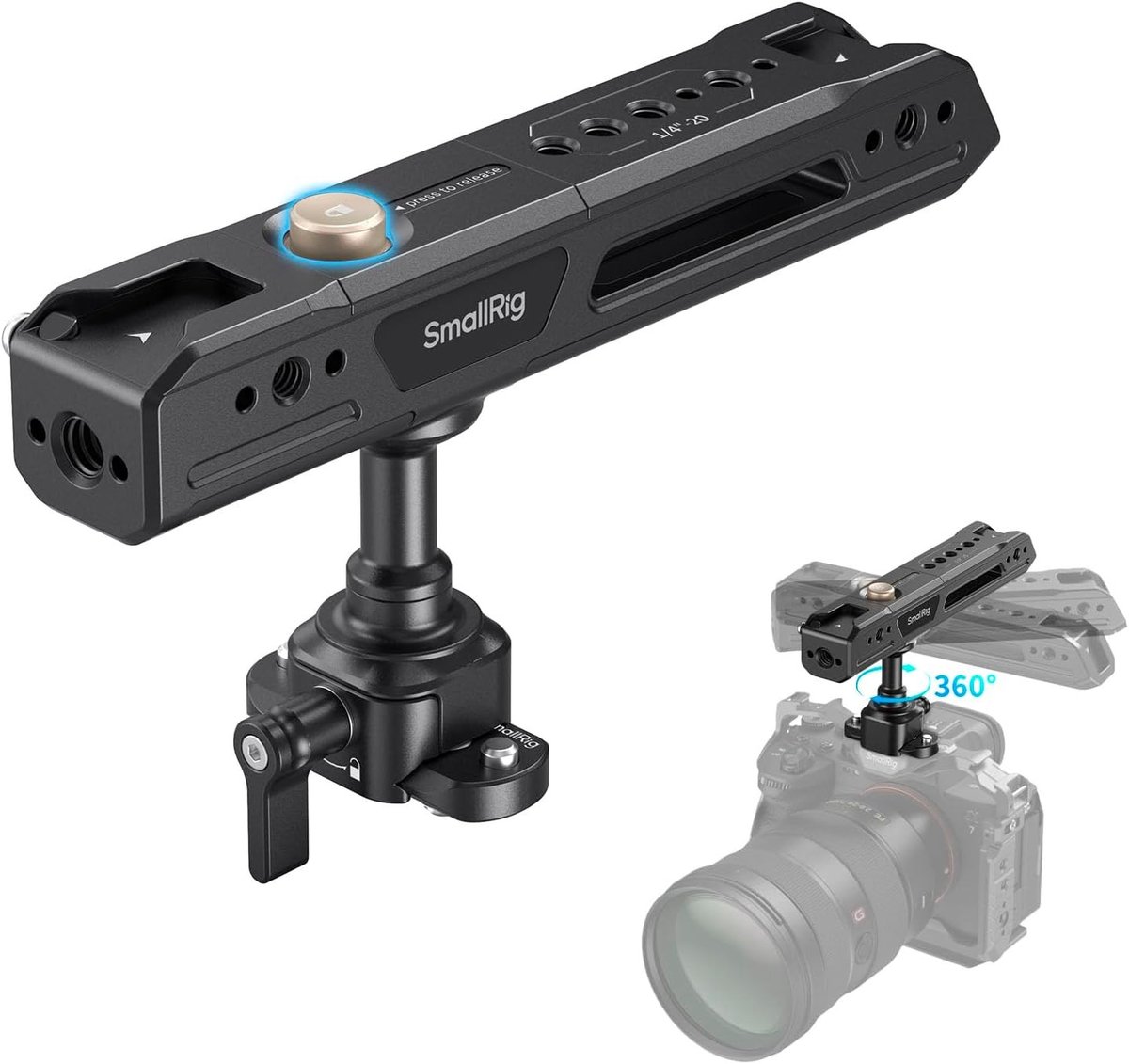 Draaibare Top Handgreep met NATO Klem, Lichtgewicht Handgreep voor Camera Cage, Maximaal 15kg Laadvermogen, 360° Rotatie en Koud Schoen Bevestiging