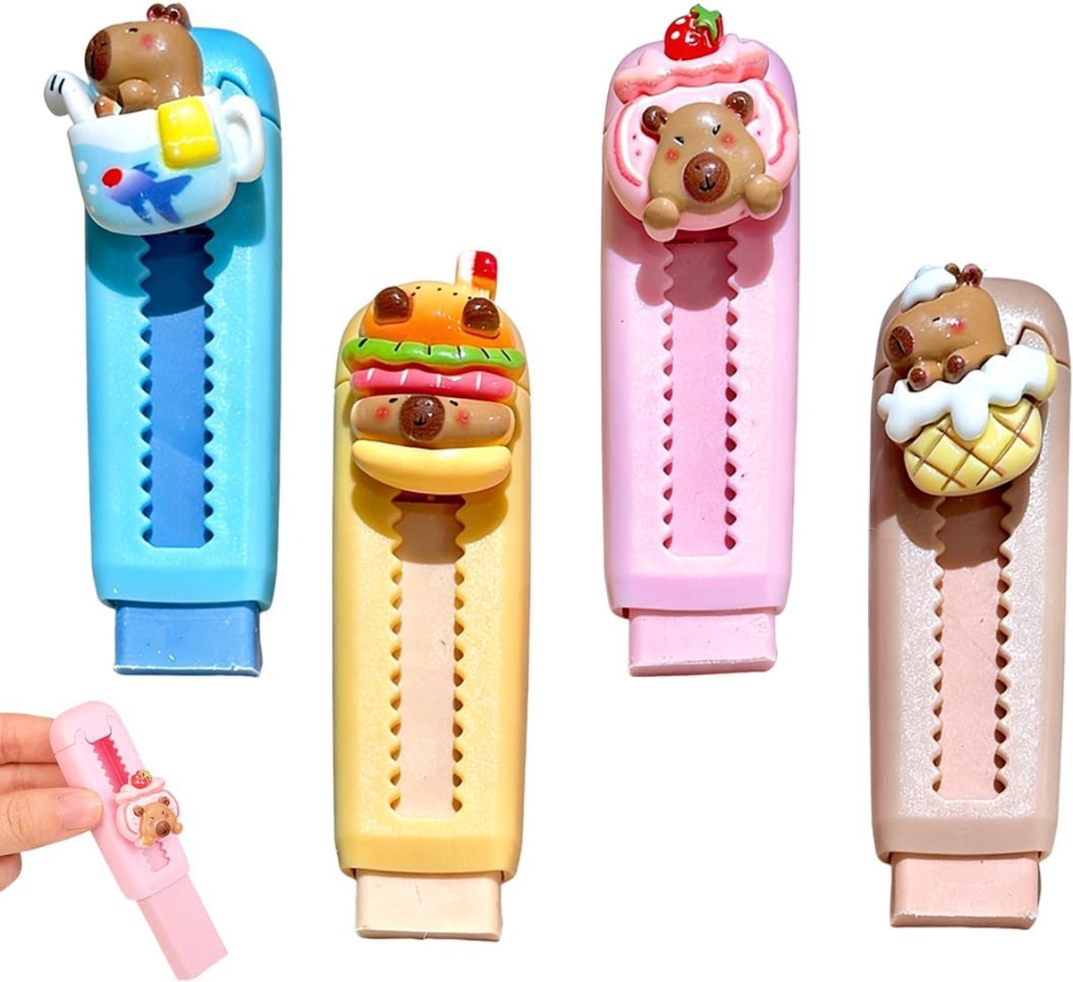 Thijox - Set van 4 Capybara-gummen, intrekbare gummen voor kinderen en studenten, schattige Capybara-motieven in blauw, roze, geel en bruin, 7,5x2,5 c