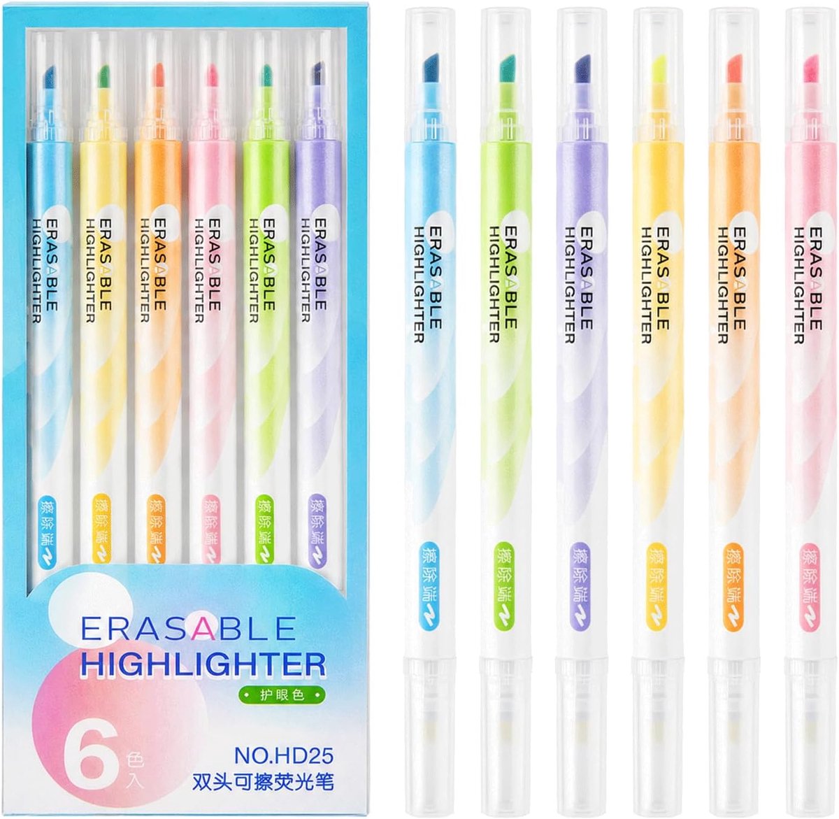 Thijox - 6 uitwisbare markeerstiften pastelkleuren, dubbele punt, highlighterset voor school, gummen, 3 mm punt, rood, geel, oranje, groen, blauw, paa