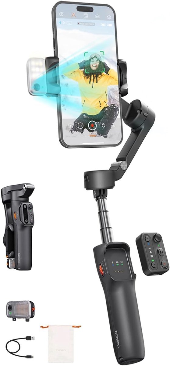 Thijox - Hohem iSteady V3 Draagbare Telefoonstabilisator met AI-Tracker, Afneembare Afstandsbediening, Verlengstang/Statief, 3-Assige Stabilisatie en