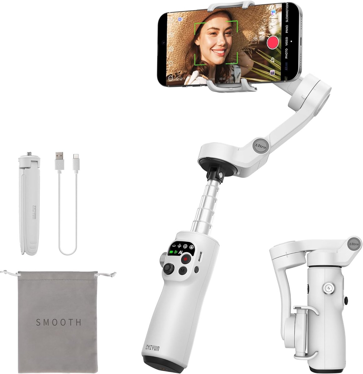 Thijox - Smooth Q5 Ultra Gimbal Stabilisator voor Smartphone met Ingebouwde Invulverlichting, Verlengstang en Statief, 13.5 uur Batterijduur, Draagbaa