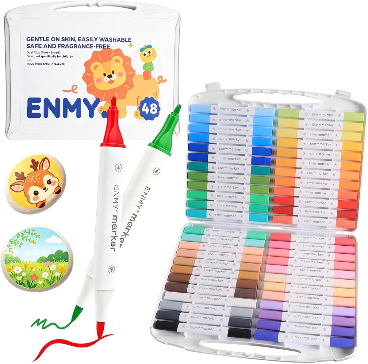 SnelShoppen - Set van 48 Porseleinschilderstiften met Dubbele Punt - Acrylmarkers met Fijne Punt en Penseel - Viltstiften voor Kopjes, Aardewerk, Kera