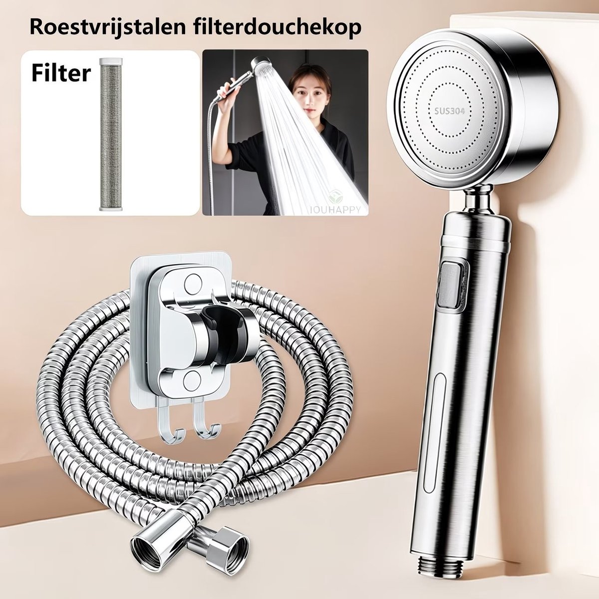Drukregelbare Roestvrijstalen Douchekop Set met Handdouche, Slang en Beugel - 360° Rotatie - Waterbesparend - Waterstop met Eén Klik.