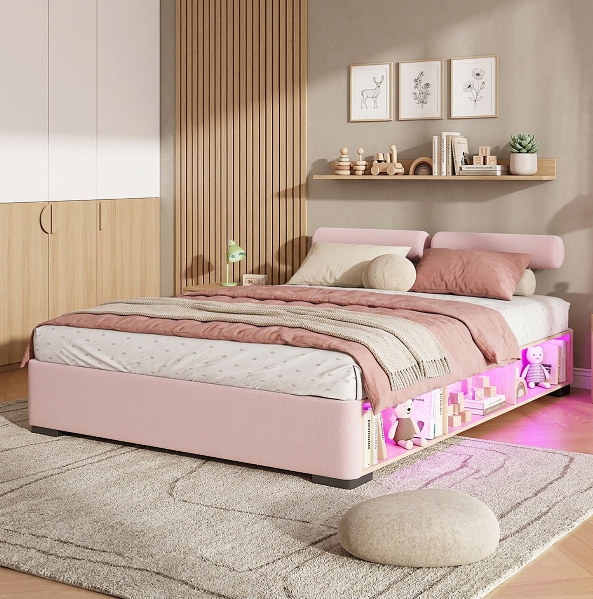 FloraGrace Gestoffeerd Kinderbed 140x200 cm - Met LED-Zijrek En Open Opbergruimte - Lage Bedombouw - Zonder Matras - Stof - Roze