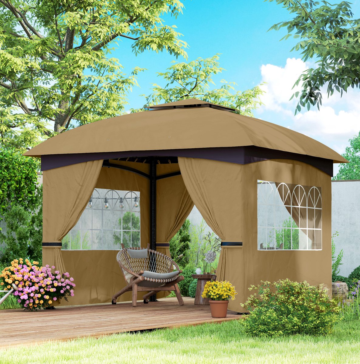 MEUNIQ paviljoen partytent 335 x 335 x 285 cm met 4 zijpanelen, dubbeldak, UV20+ bescherming, waterafstotend polyester en verzinkt metalen frame voor tuin, beige