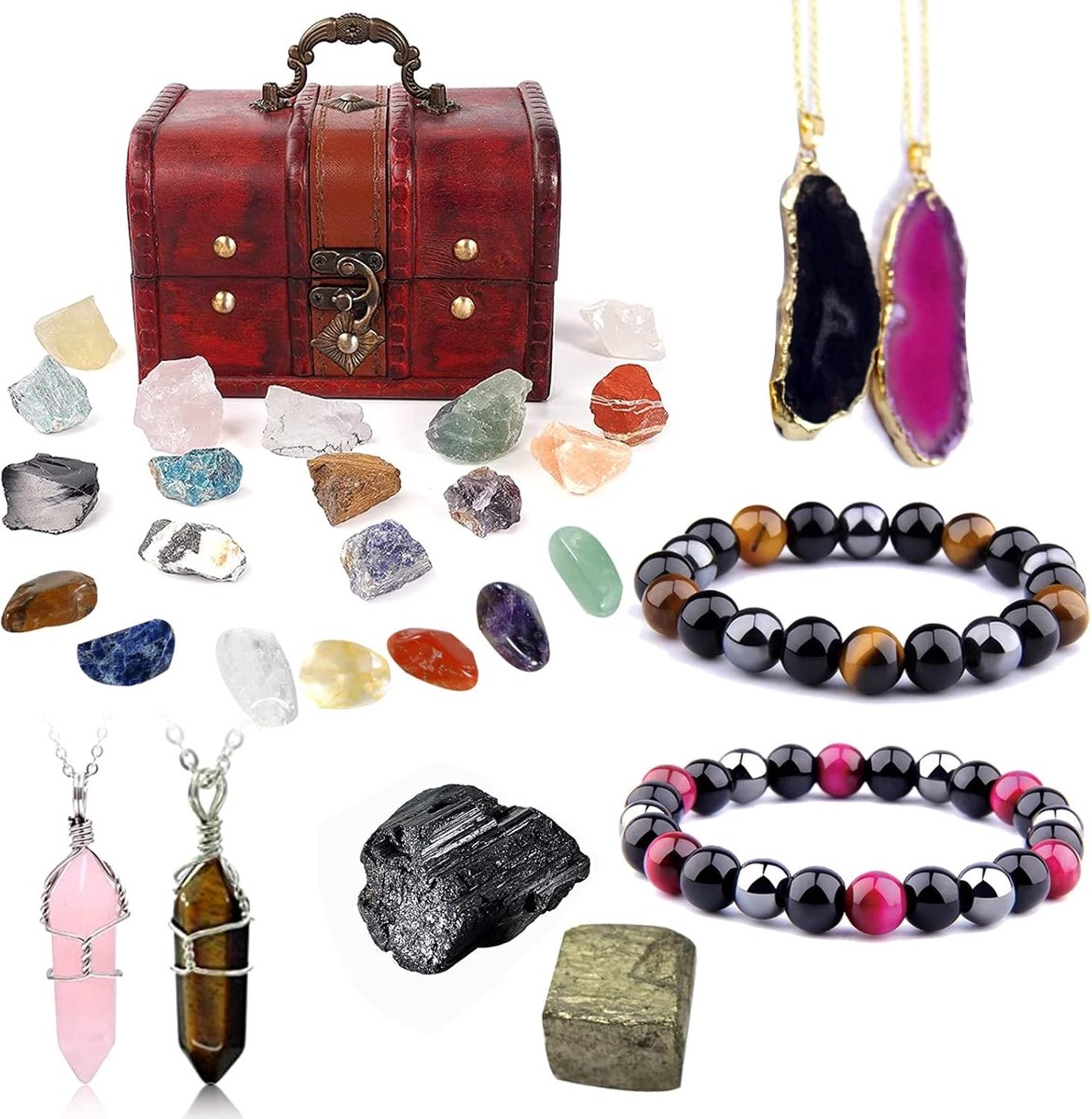 Rose Quartz en Zwarte Toermalijn Kristallen Set met Houten Doos - 4 Stuks voor Genezing en Energiebalans