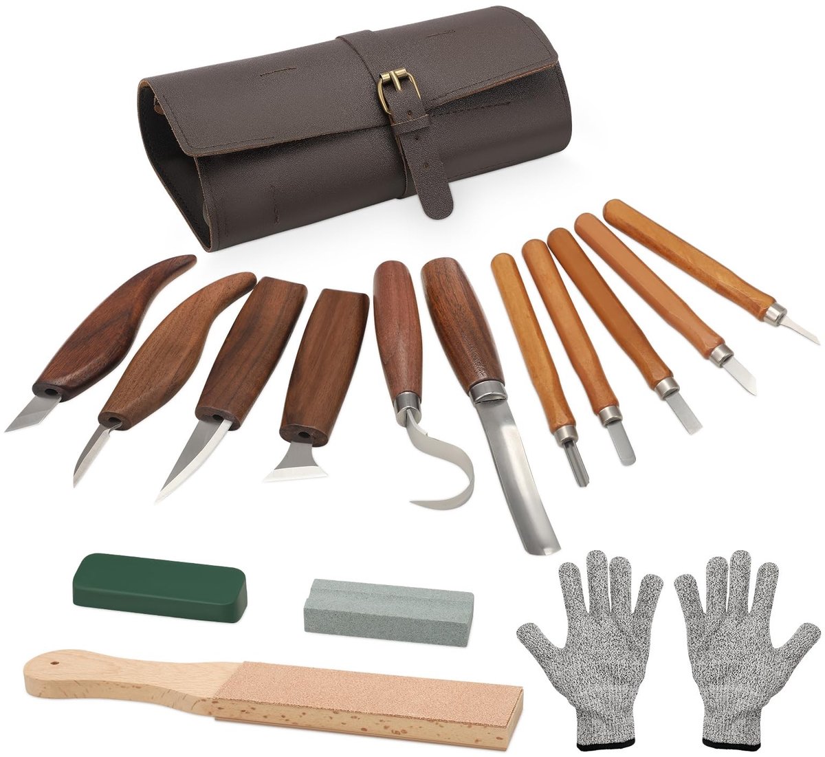 Dailygoods- Houtsnijwerkset 16-delig - Professionele uitvoering - Snijmessen - Leren tas - Wetsteen - Veiligheidsaccessoires - Snijgereedschap
