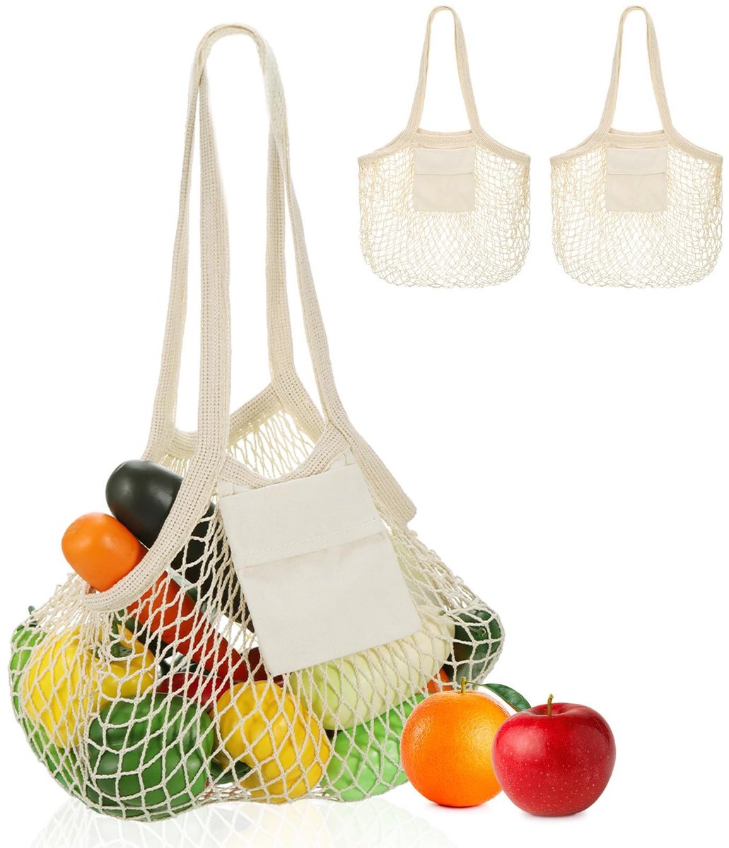 Dailygoods- Boodschappentas Herbruikbaar - Katoenen Gaasnetzakken - Draagbare Nettas - Voor Strandspeelgoed - Lichtgewicht - Beige 36x35x10 cm