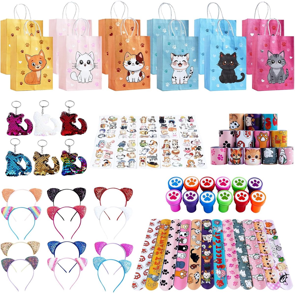 Thijox - 72 stuks Kattencadeautjes Set voor Kinderverjaardag, Piñata, Kattenthema Feest, Meisjes, Inclusief Geschenkzakjes, Kattenoren, Hoofdband, Sle