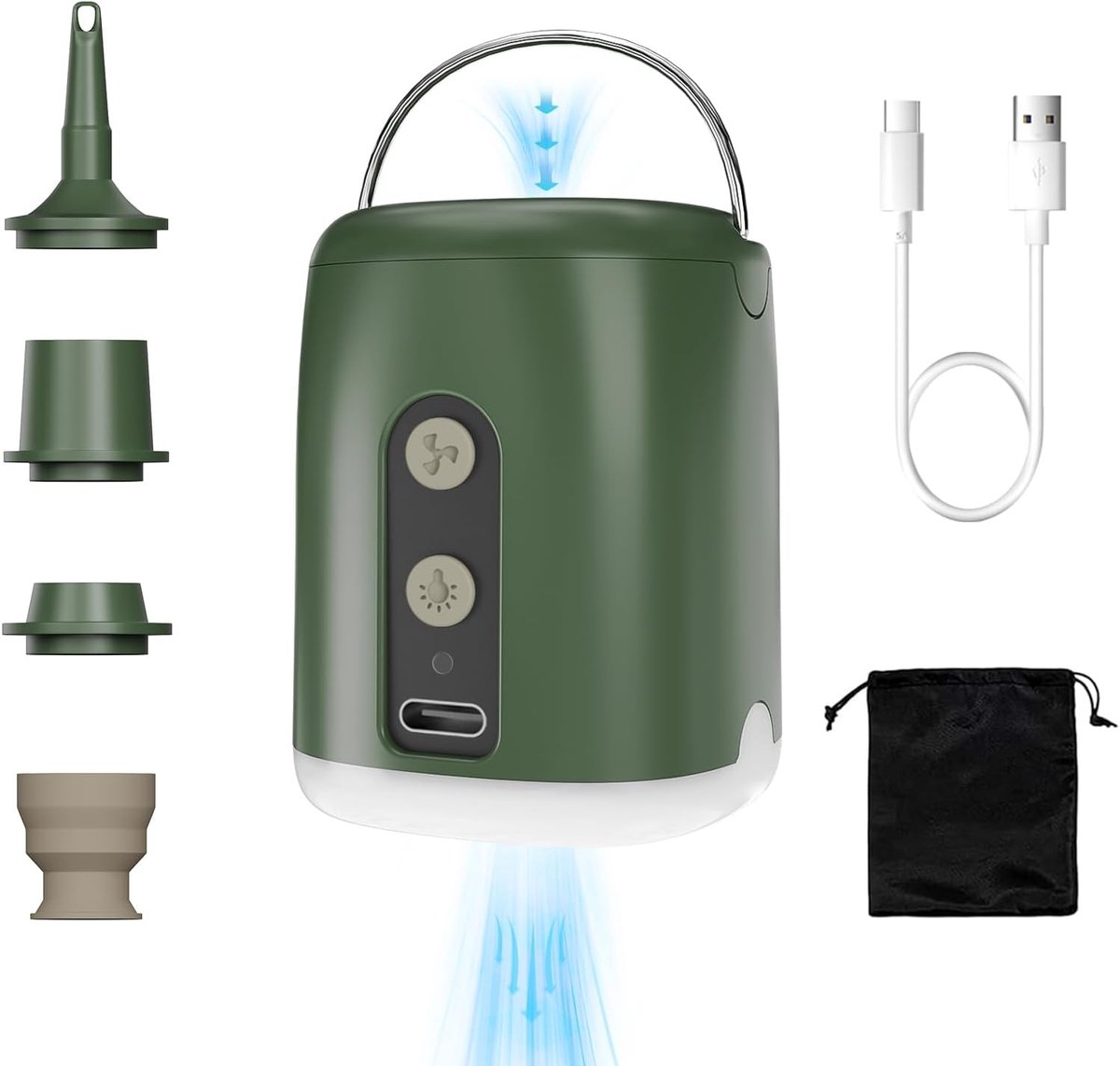 Thijox - Elektrische Pomp voor Opblaasbare Items met Leeglopen, 1600 mAh Luchtpomp met 4 Nozzles en LED-verlichting voor Zwembadspeelgoed en Camping