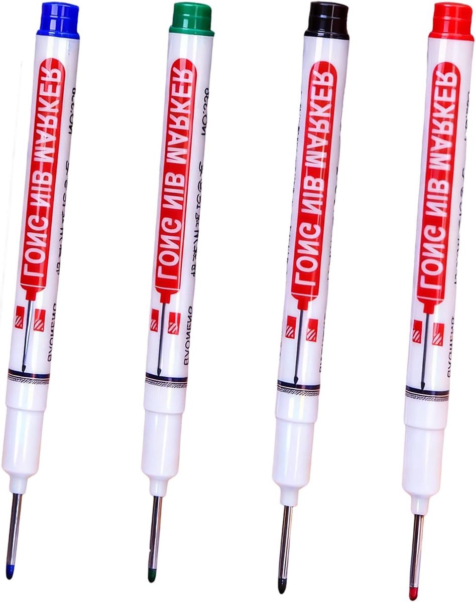 Thijox - Markeerstift voor Diepe Gaten 20 mm - Extra Lange Punt - Set van 4 - Zwart, Blauw, Rood, Groen - Voor Hout, Kunststof, Muur, Metaal, Karton,