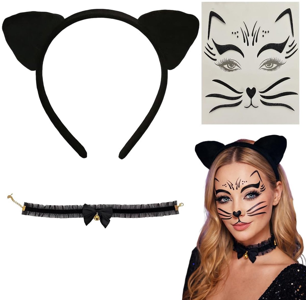 Inovra- Kattenkostuum Luipaardpatroon - Hoofdband met Kattenoren - Halsketting met Belletjes - Gezichtstattoo - Fluweelachtige Aanraking - Verstelbaar en Comfortabel - Carnavalskostuum