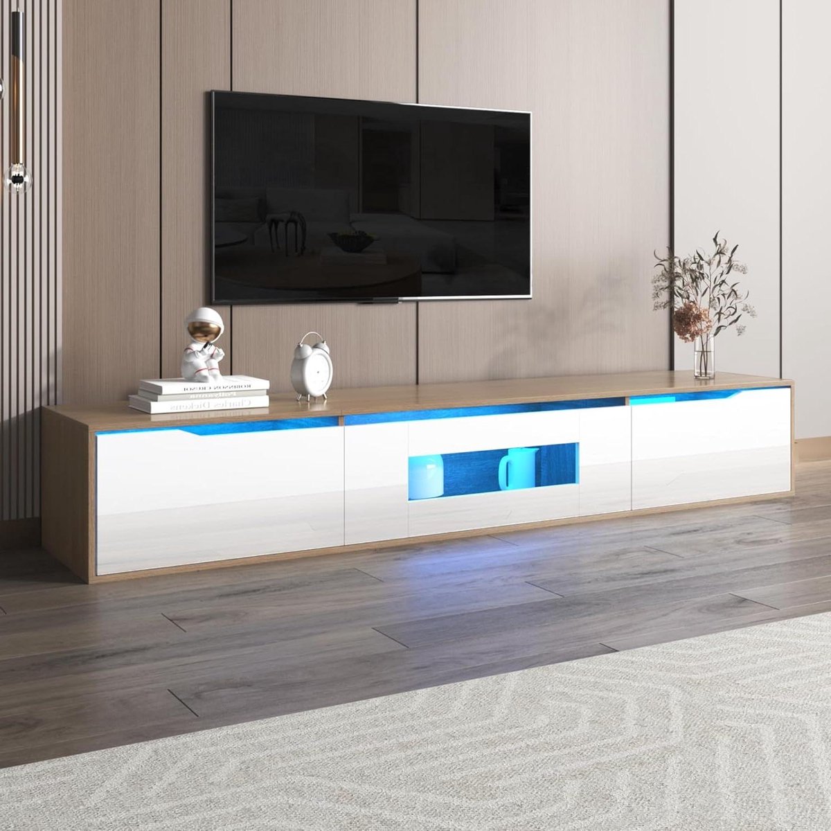 Tv-kast - Media meubel - Woonkamer inrichten - Kleurwisselend ledlicht - 180 cm breed - Wit met houtkleur
