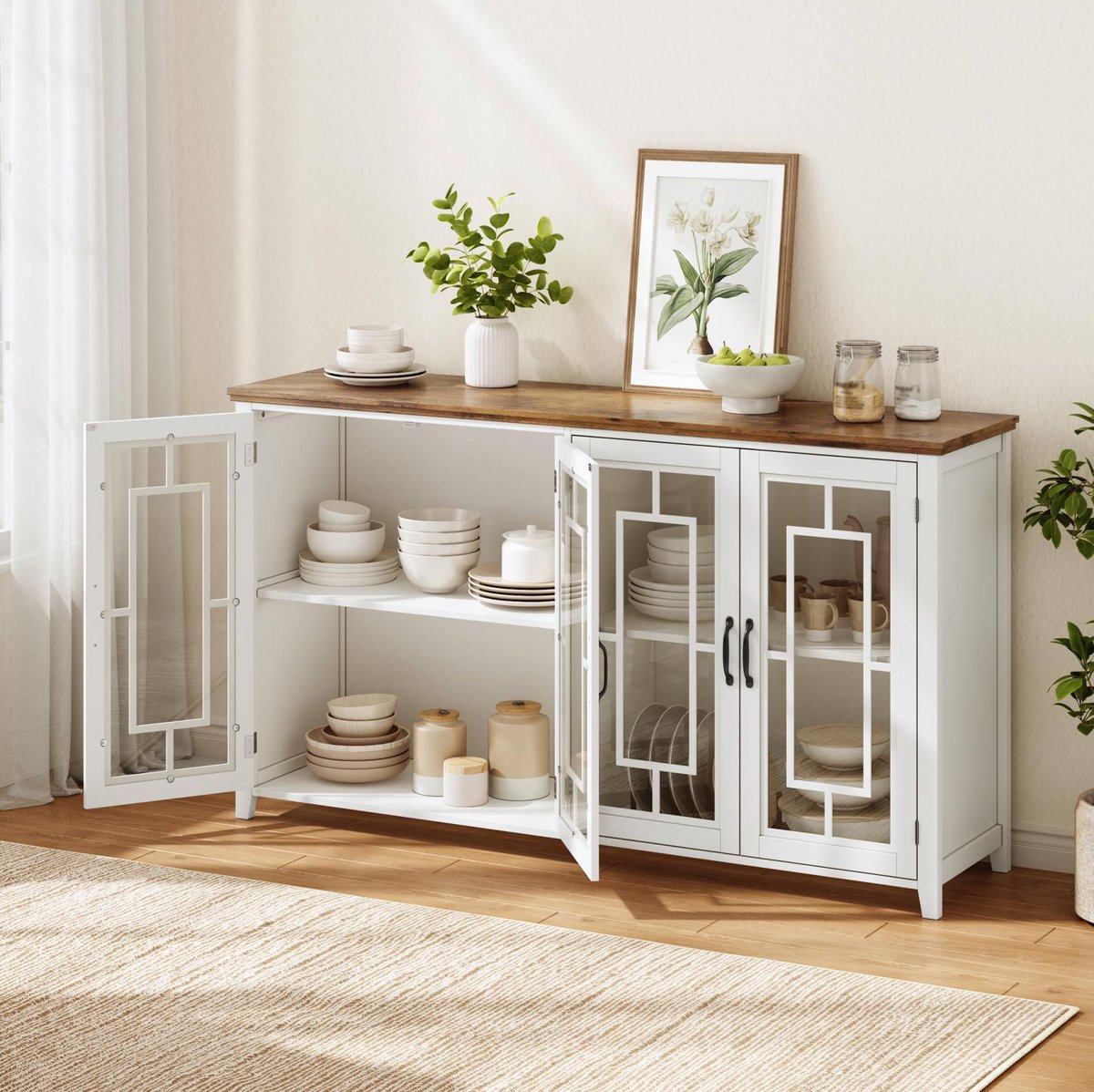 MIVRAY Keukenkast - Dressoir Met Glazen Deuren En Grote Opbergruimte - Voor Keuken Eetkamer En Woonkamer - MDF Wit 160x40x86 Cm
