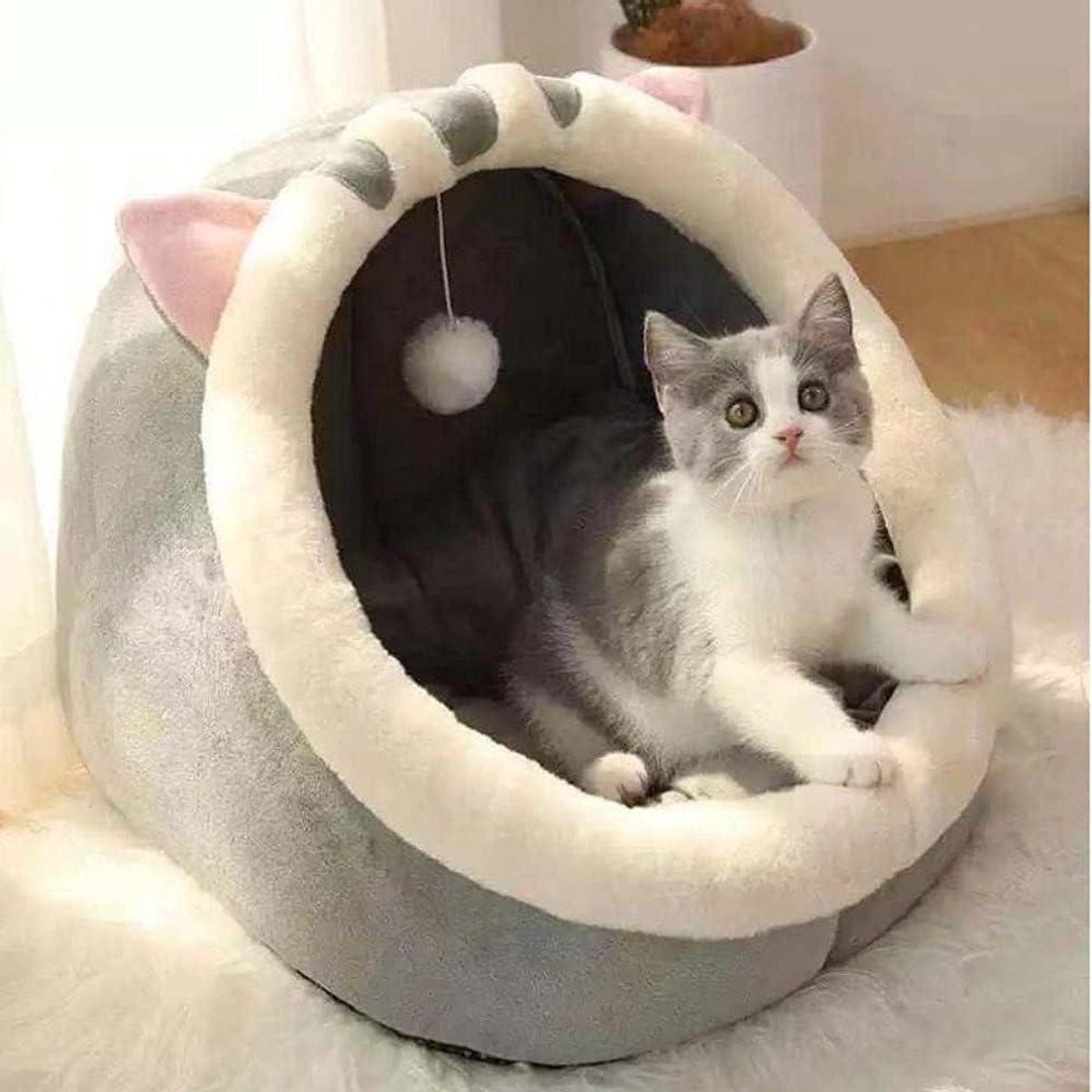 Kattenbed - Huisdierhol - Rustplek - Afneembaar kussen - 40 x 38 x 34 cm - Grijs