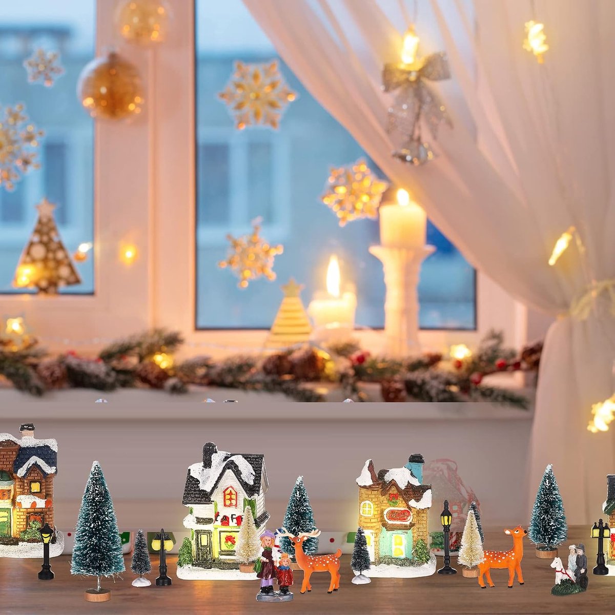Kerstdorp Decoratie Set - Miniatuur Huisjes - Wintertafereel Creëren - Verlicht met LED - 28 Delig - Multicolor – foto 4