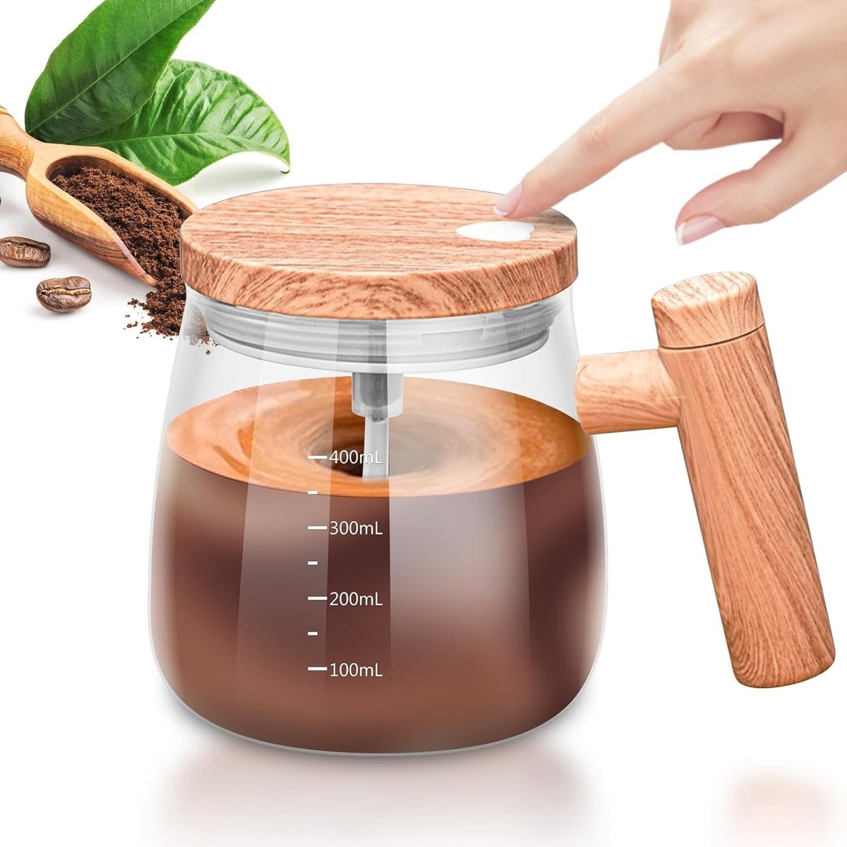 Automatische roermok 400 ml, draagbare glazen mok met deksel voor koffie, melk en warme chocolade, ideaal voor thuis en onderweg
